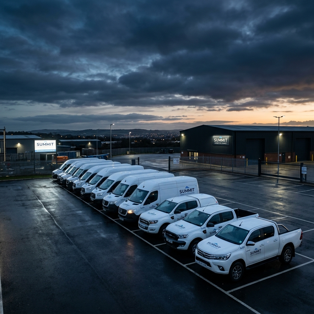 Row of company fleet vehicles parked at depot