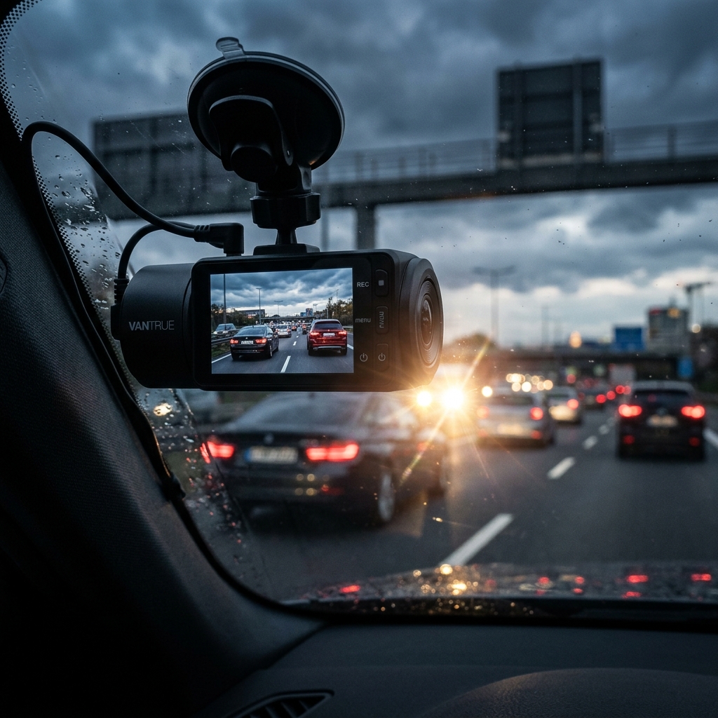 Dash cam mounted on windscreen showing 4K video feed