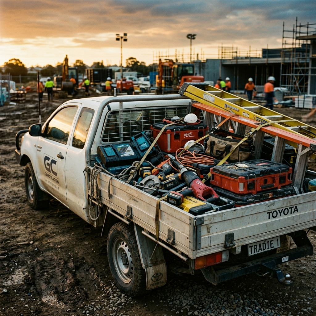 Tradie ute loaded with tools on Australian job site