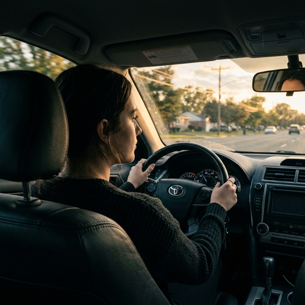 Young driver focused on the road