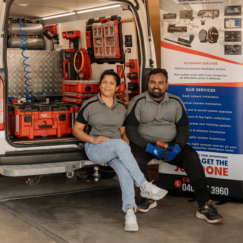 Rajitha and Shayam at Automart Adelaide business space, specializing in vehicle accessories installation